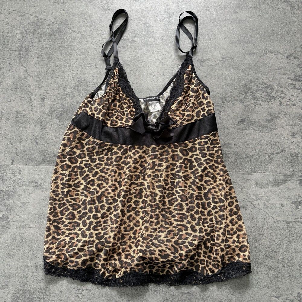 Vintage Y2K Leopard Print Floral Lace Trim Camisole Top sz S Sheer Coquette